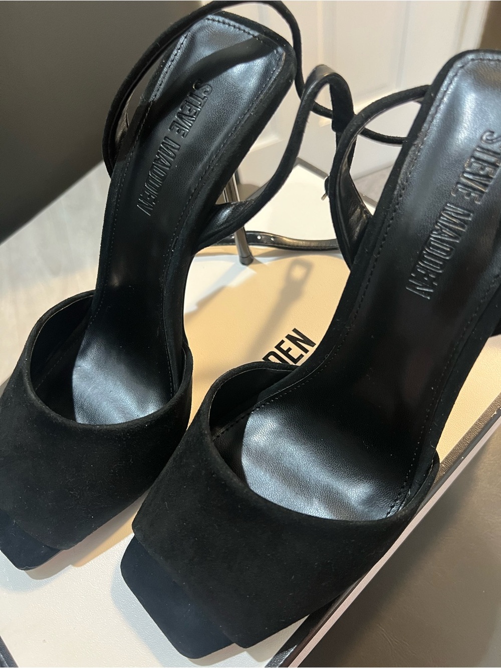 Steve Madden Black Suede Open-Toe Stiletto Sandals with Ankle Tie - Picture 2 of 4